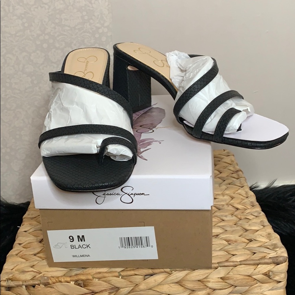 Black block heel sandal slides